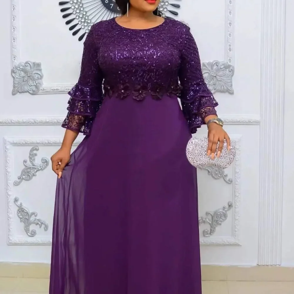 Women Plus Size Lace Chiffon Flare Sleeves Round Neck Maxi Dress, Purple, XL
